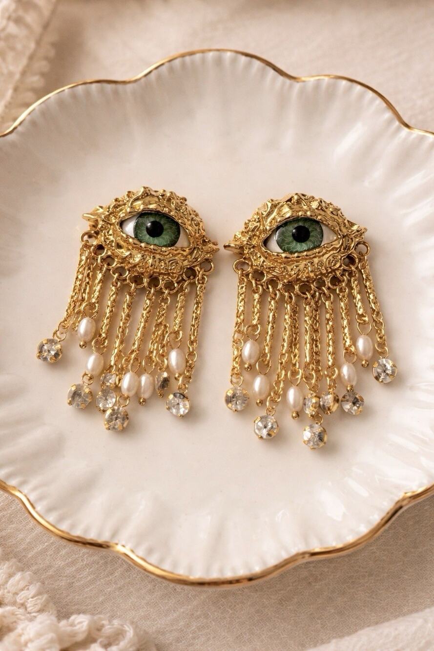 Baroque Evil Eye Earrings Museum Gold Revival VTG Fringe Art Stud VTG CZ Boho